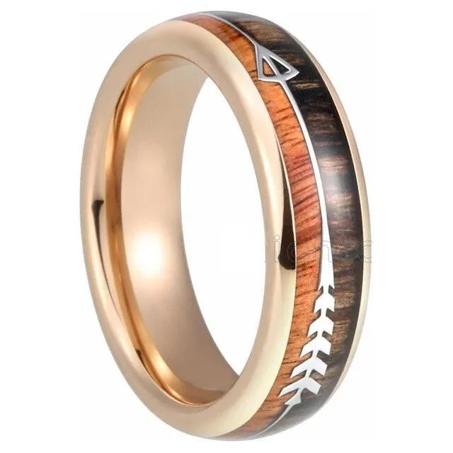 6mm Silver Tungsten Carbide in Two-Tone Koa Wood with Silver Arrow Wedding Band