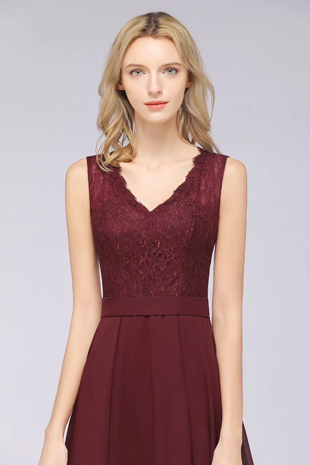 A-Line Chiffon Lace V-Neck Burgundy Long Bridesmaid Dress