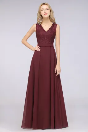 A-Line Chiffon Lace V-Neck Burgundy Long Bridesmaid Dress