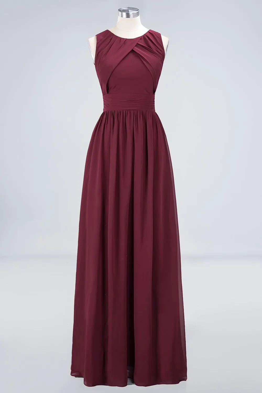 A-Line Chiffon Round-Neck Sleeveless Long Bridesmaid Dress with Ruffles