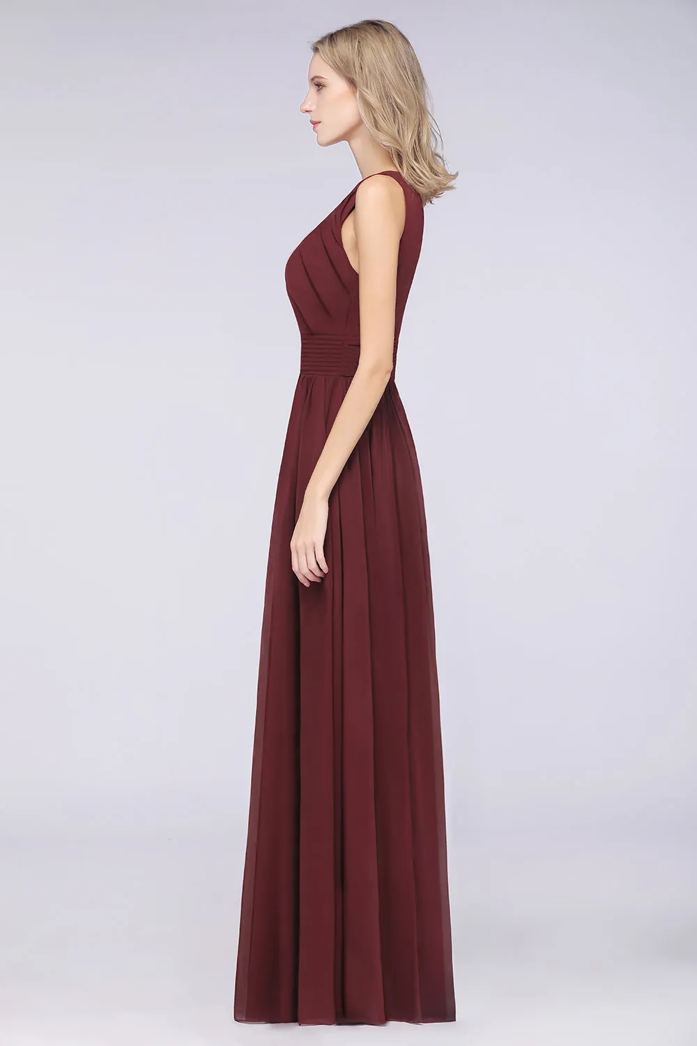 A-Line Chiffon Round-Neck Sleeveless Long Bridesmaid Dress with Ruffles