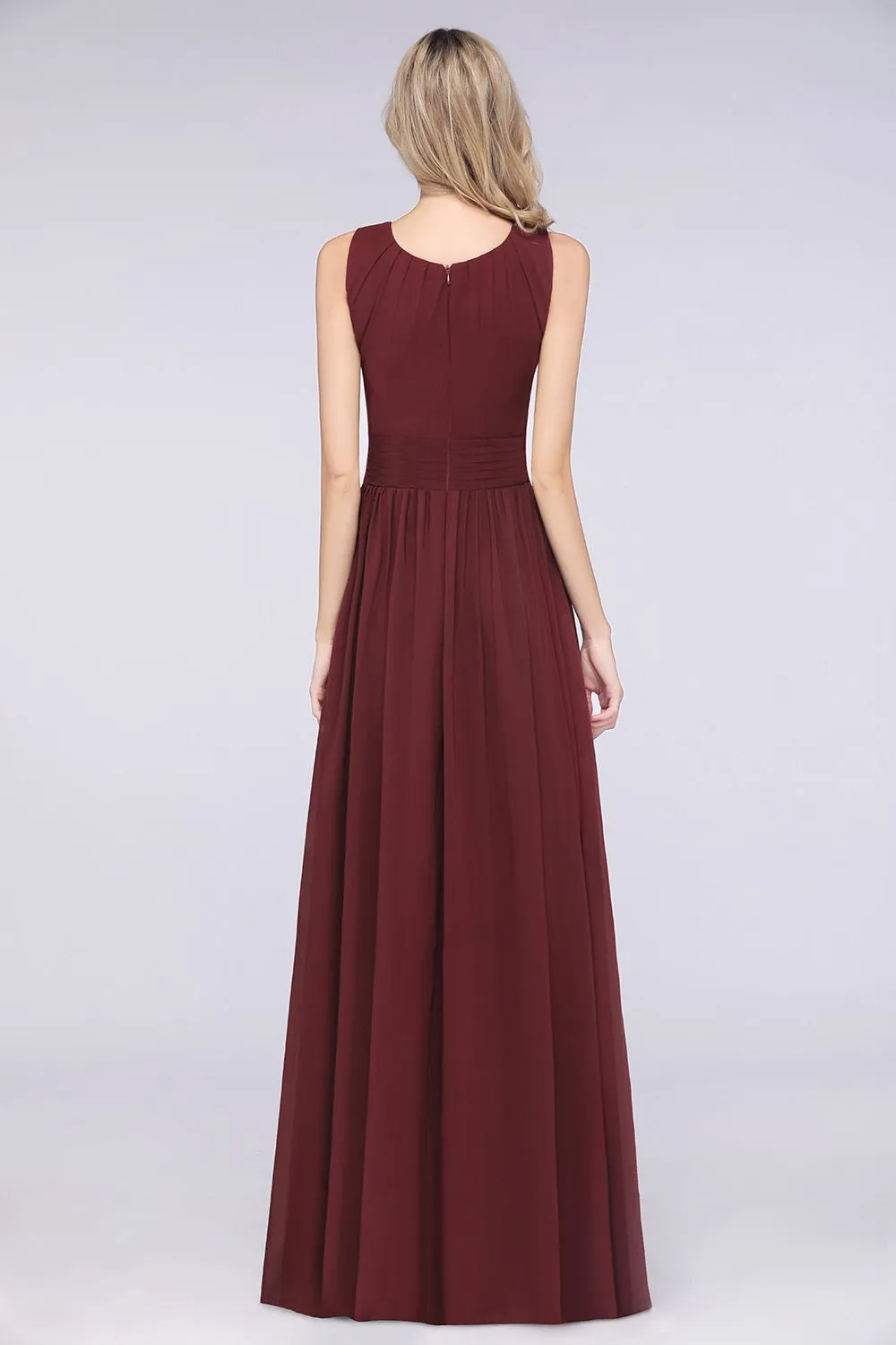 A-Line Chiffon Round-Neck Sleeveless Long Bridesmaid Dress with Ruffles