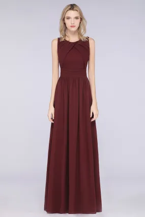 A-Line Chiffon Round-Neck Sleeveless Long Bridesmaid Dress with Ruffles