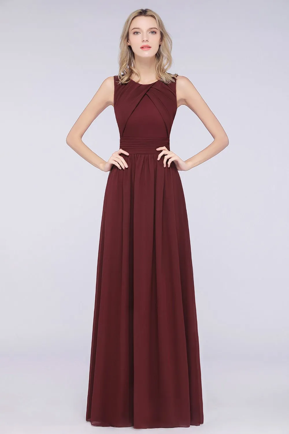 A-Line Chiffon Round-Neck Sleeveless Long Bridesmaid Dress with Ruffles