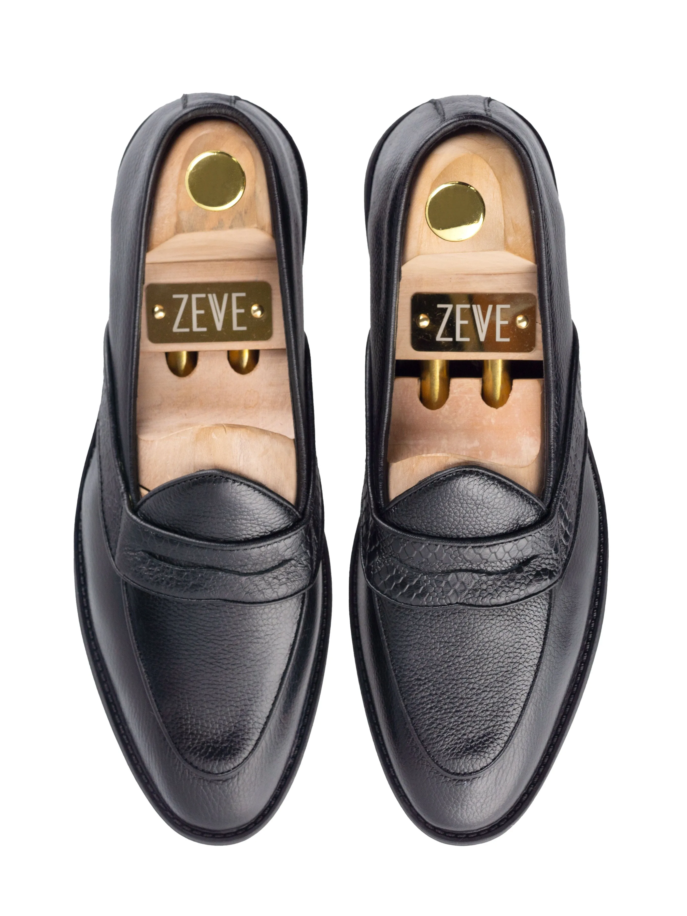 Belgian Loafer with Penny - Black Pebble Grain Leather (Phyton Embossed Strap)