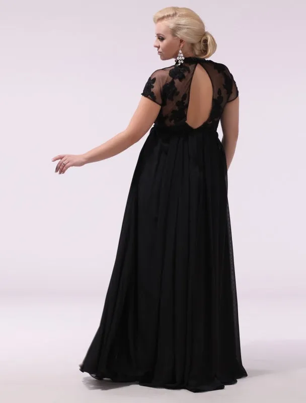 Black Prom Dresses Plus Size Evening Dress Chiffon Lace Applique Illusion Short Sleeves Floor Length Wedding Guest Dress Exclusive