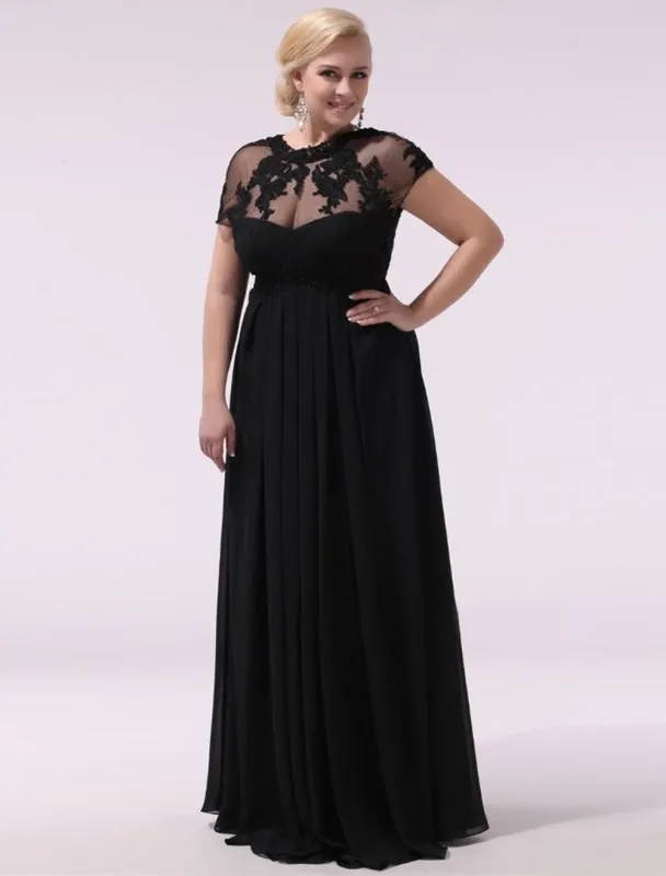 Black Prom Dresses Plus Size Evening Dress Chiffon Lace Applique Illusion Short Sleeves Floor Length Wedding Guest Dress Exclusive