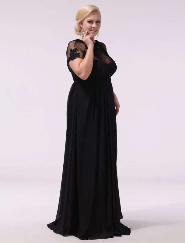 Black Prom Dresses Plus Size Evening Dress Chiffon Lace Applique Illusion Short Sleeves Floor Length Wedding Guest Dress Exclusive