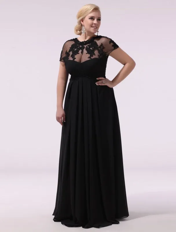 Black Prom Dresses Plus Size Evening Dress Chiffon Lace Applique Illusion Short Sleeves Floor Length Wedding Guest Dress Exclusive