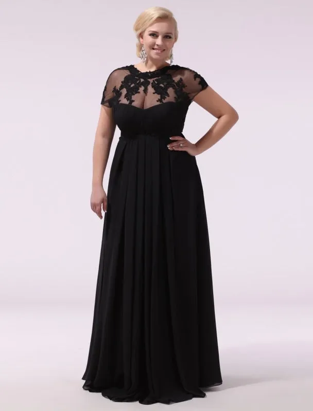 Black Prom Dresses Plus Size Evening Dress Chiffon Lace Applique Illusion Short Sleeves Floor Length Wedding Guest Dress Exclusive