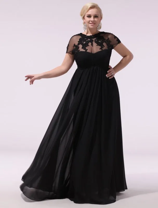 Black Prom Dresses Plus Size Evening Dress Chiffon Lace Applique Illusion Short Sleeves Floor Length Wedding Guest Dress Exclusive