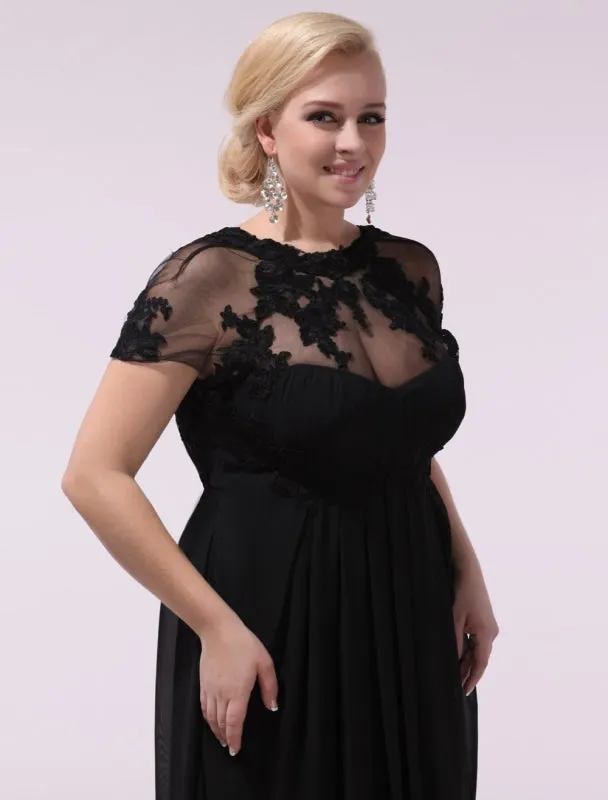 Black Prom Dresses Plus Size Evening Dress Chiffon Lace Applique Illusion Short Sleeves Floor Length Wedding Guest Dress Exclusive