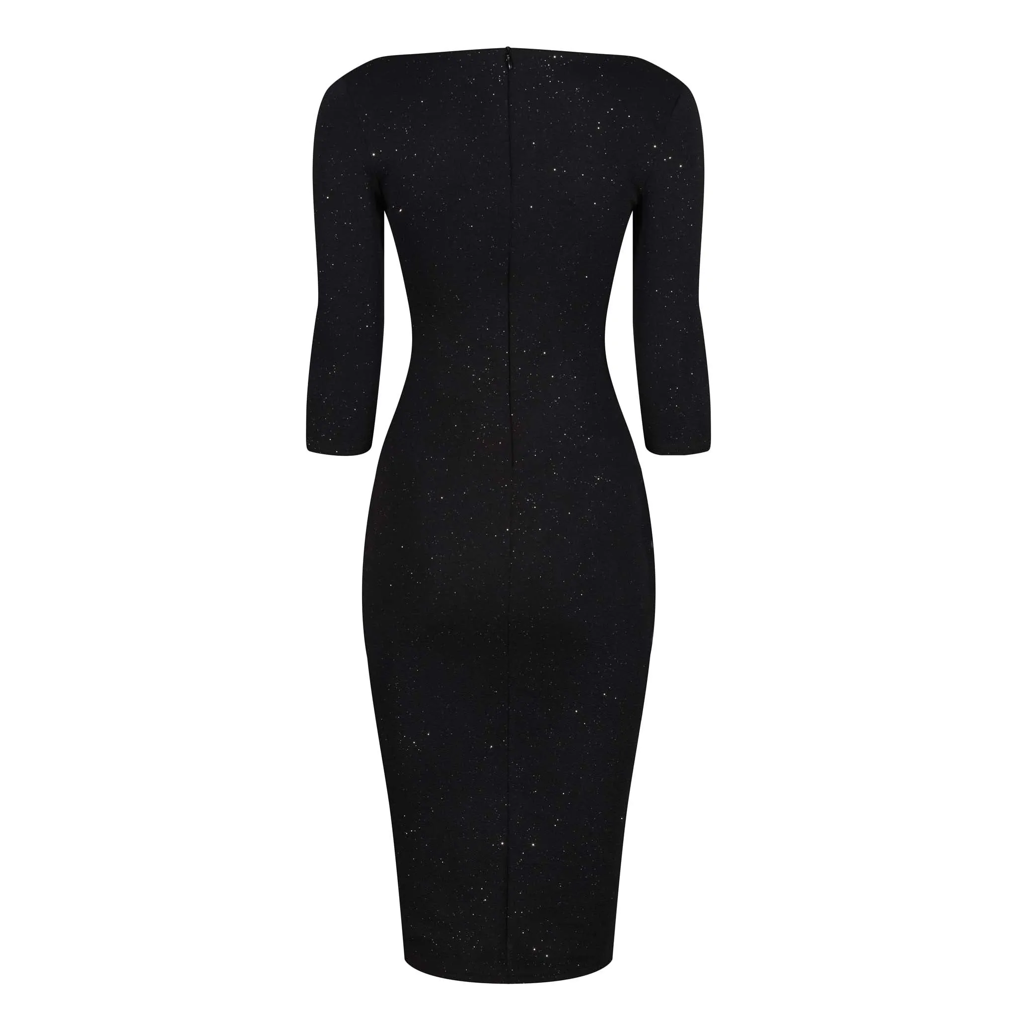 Black Silver Glitter 3/4 Sleeve Bodycon Velour Midi Party Dress