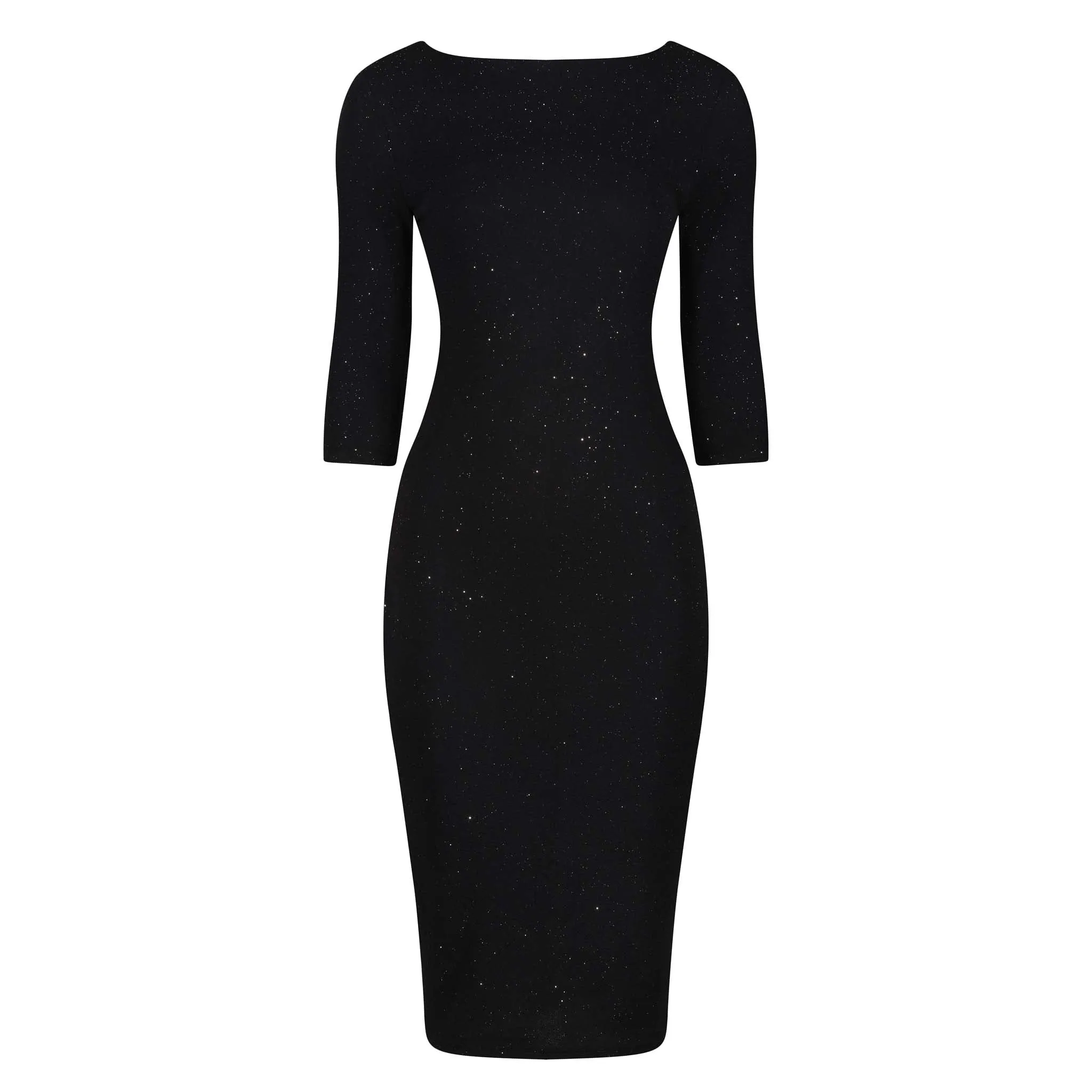 Black Silver Glitter 3/4 Sleeve Bodycon Velour Midi Party Dress