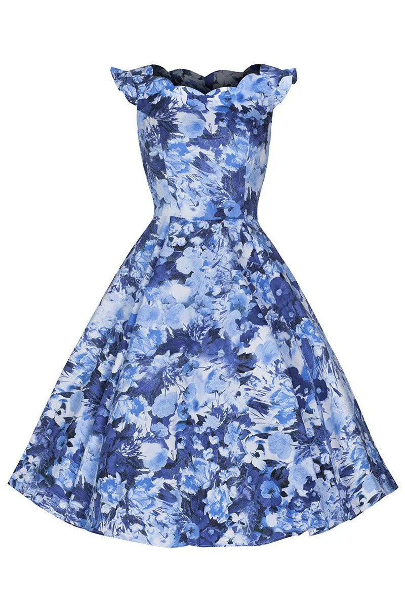 Blue Floral Frill Sleeve Cotton Swing 50s Dress