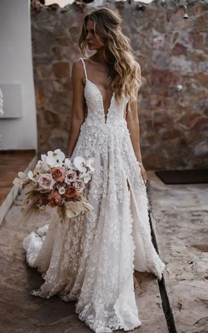 Boho A-Line Lace Tulle Sleeveless Wedding Dress with Split Front Country Garden Court Train Elegant Elopement Western