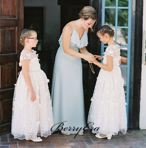 Cap Sleeves A-line Lace Tulle Flower Girl Dresses, Little Girl Dresses