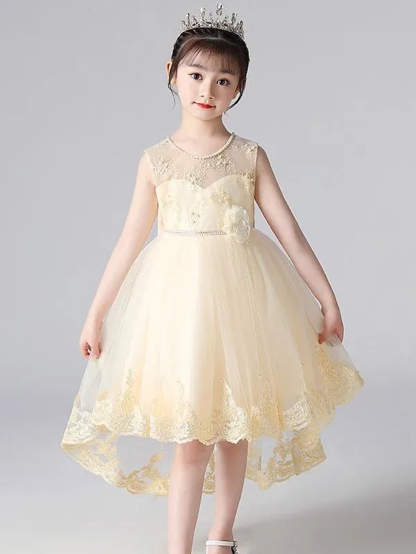 Champagne Tulle Flower Girl Dresses Jewel Neck Sleeveless Beaded Kids Party Dresses