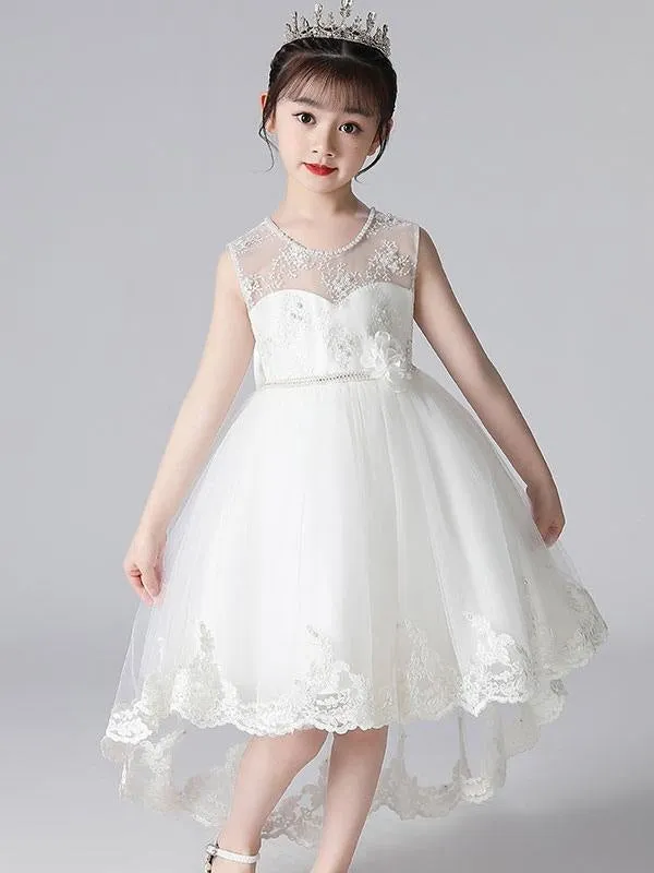 Champagne Tulle Flower Girl Dresses Jewel Neck Sleeveless Beaded Kids Party Dresses