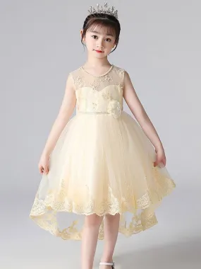 Champagne Tulle Flower Girl Dresses Jewel Neck Sleeveless Beaded Kids Party Dresses