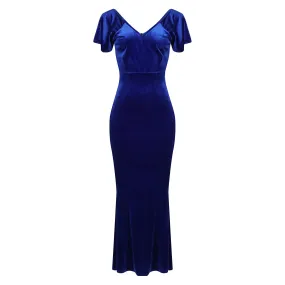 Cobalt Blue V Neck Velour Maxi Dress w/ Fishtail Hem & Waterfall Sleeves