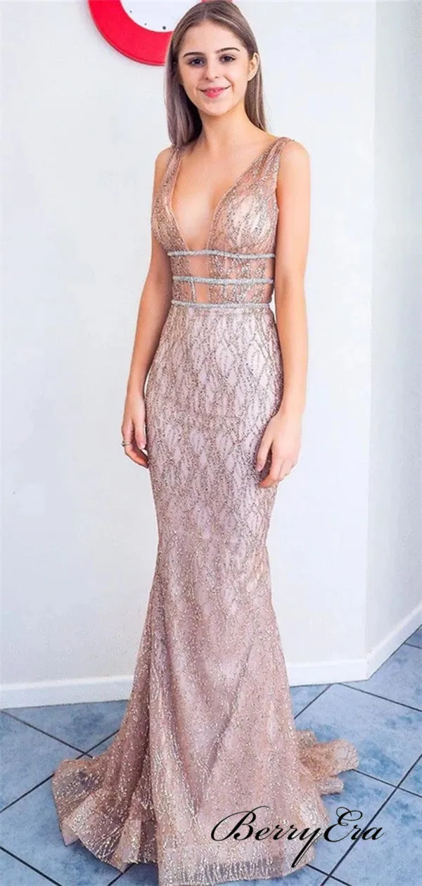 Deep V-neck Popular Sequins Prom Dresses, 2020 Prom Dresses, Long Prom Dresses