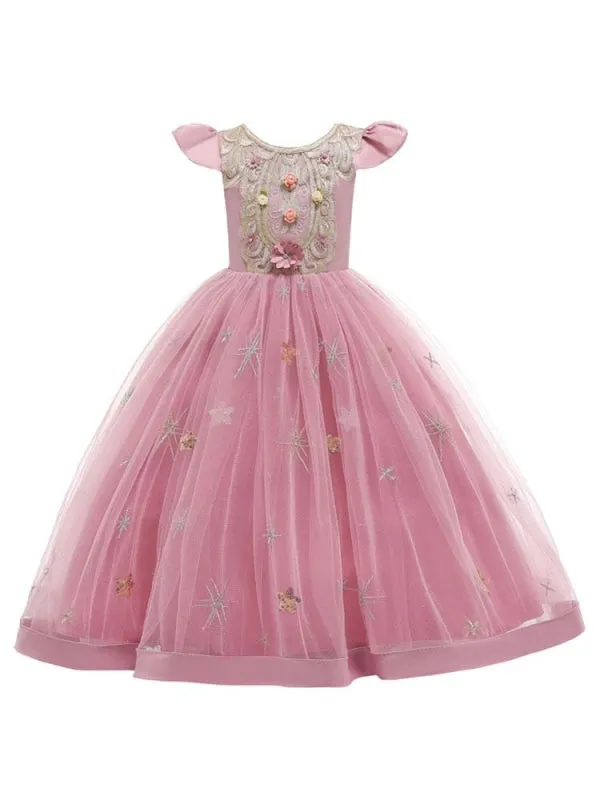 Elegant Sleeveless Floral Pattern Flower Girl Dresses with Bows Formal Kids Pageant Dresses