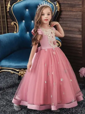 Elegant Sleeveless Floral Pattern Flower Girl Dresses with Bows Formal Kids Pageant Dresses