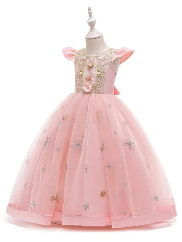 Elegant Sleeveless Floral Pattern Flower Girl Dresses with Bows Formal Kids Pageant Dresses