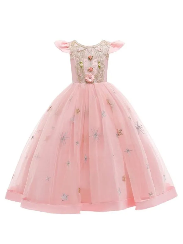 Elegant Sleeveless Floral Pattern Flower Girl Dresses with Bows Formal Kids Pageant Dresses