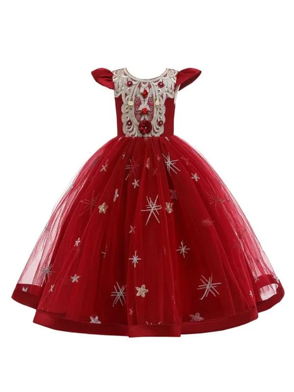 Elegant Sleeveless Floral Pattern Flower Girl Dresses with Bows Formal Kids Pageant Dresses