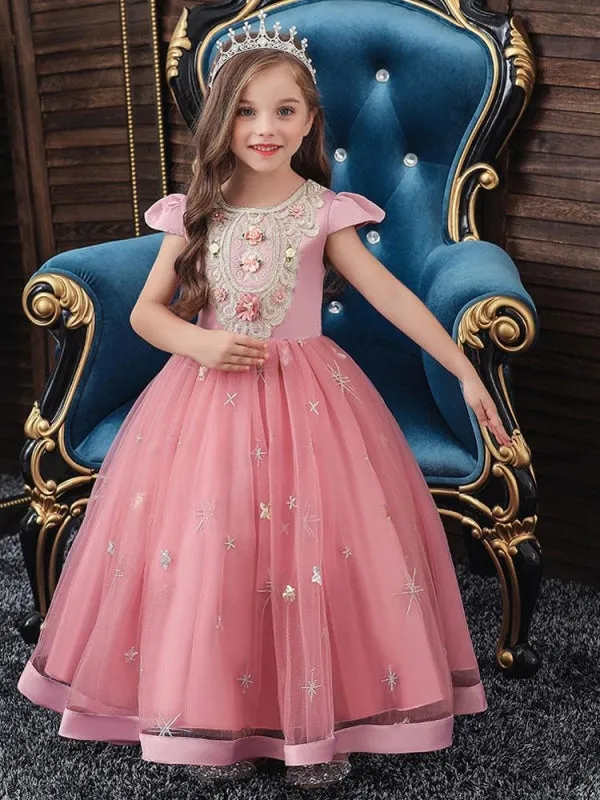 Elegant Sleeveless Floral Pattern Flower Girl Dresses with Bows Formal Kids Pageant Dresses