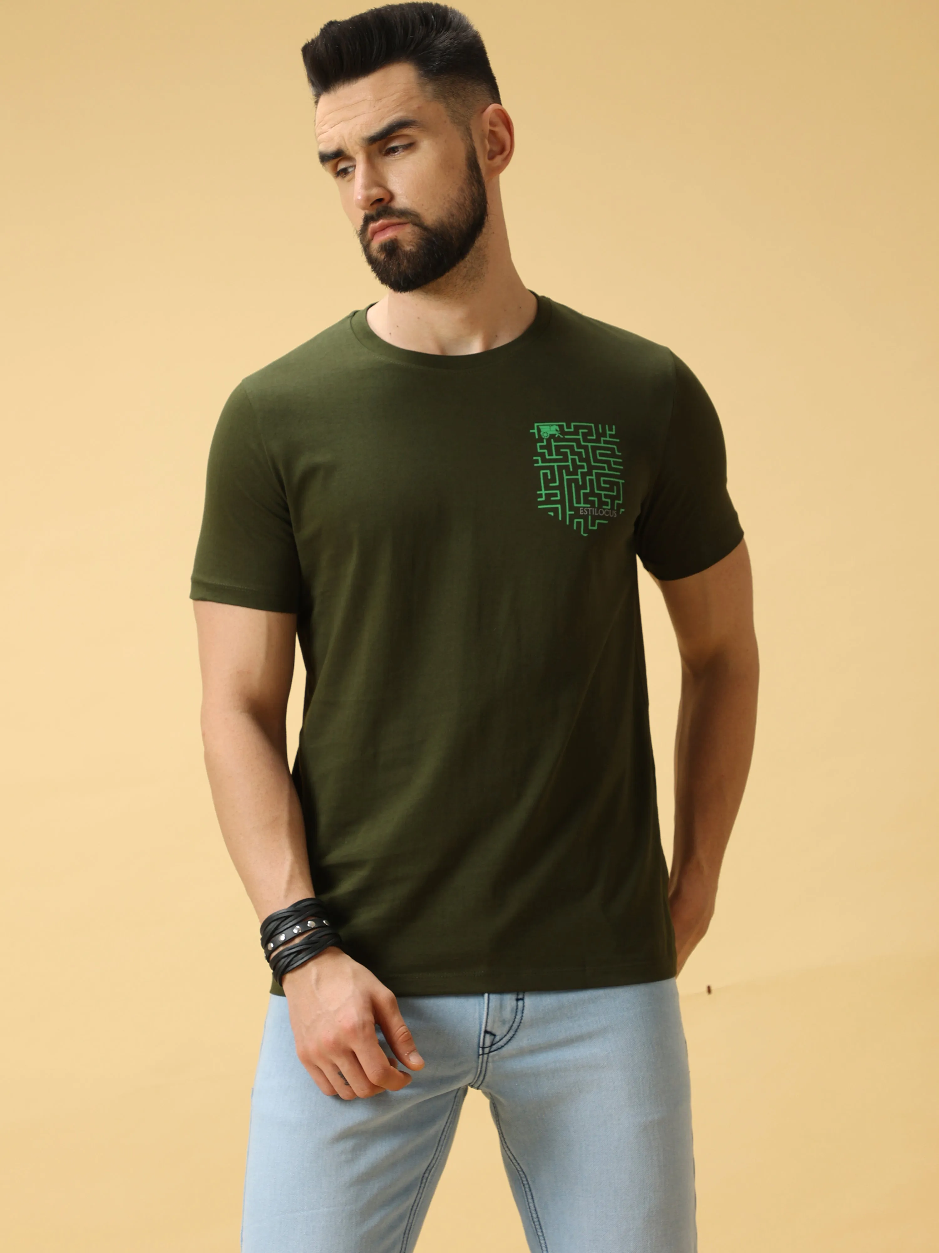 Estilocus Scanner Green Print Crew Neck T-Shirt