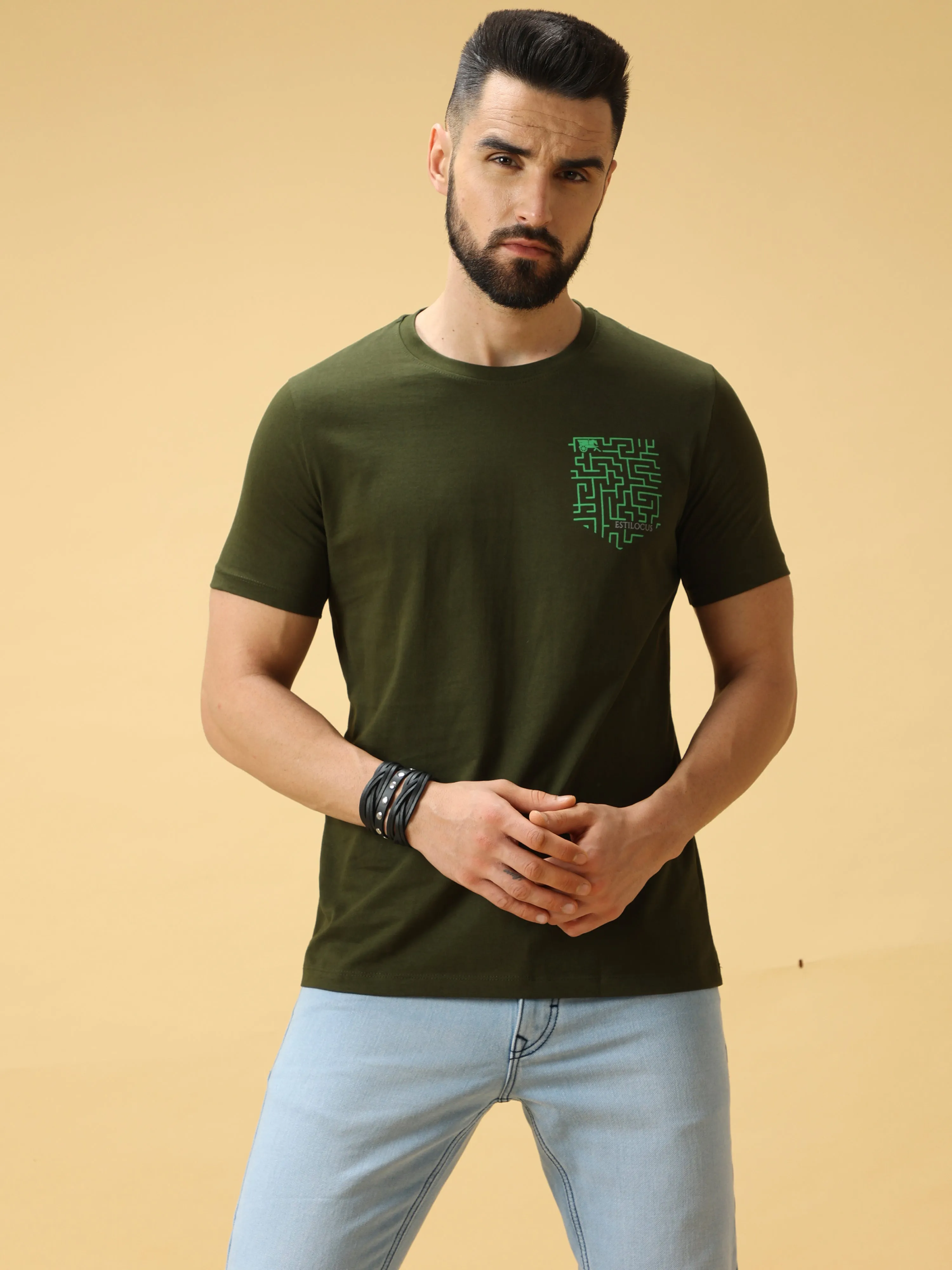 Estilocus Scanner Green Print Crew Neck T-Shirt