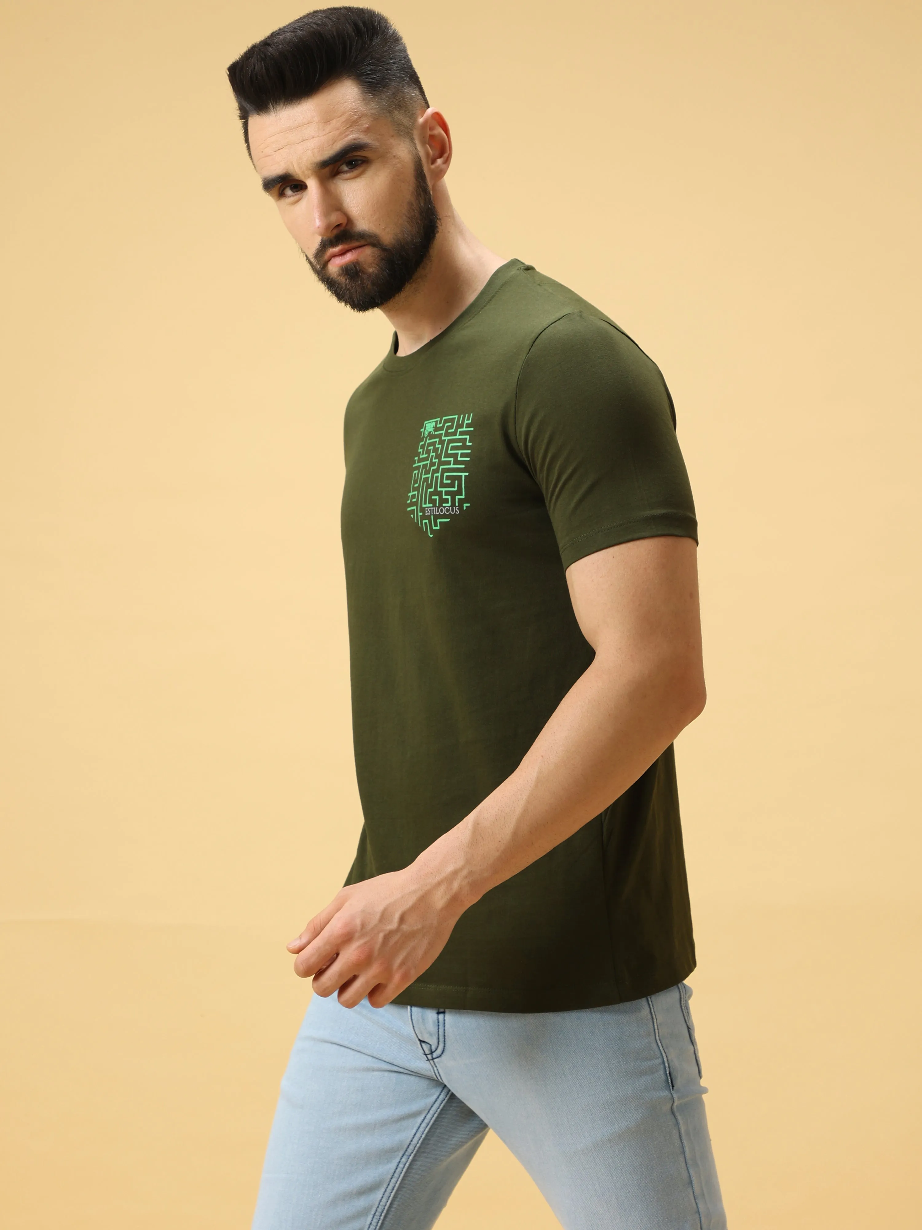 Estilocus Scanner Green Print Crew Neck T-Shirt