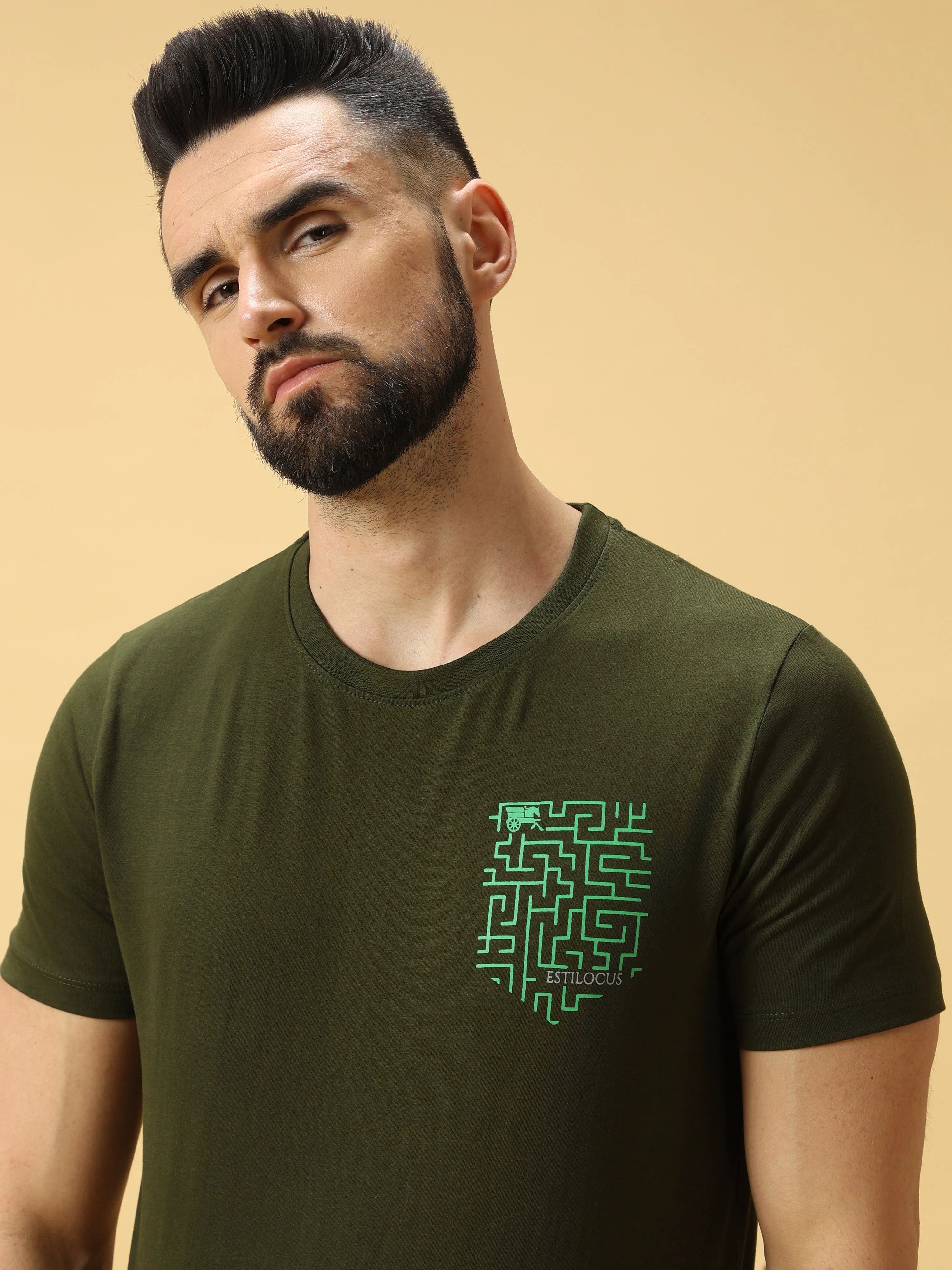 Estilocus Scanner Green Print Crew Neck T-Shirt