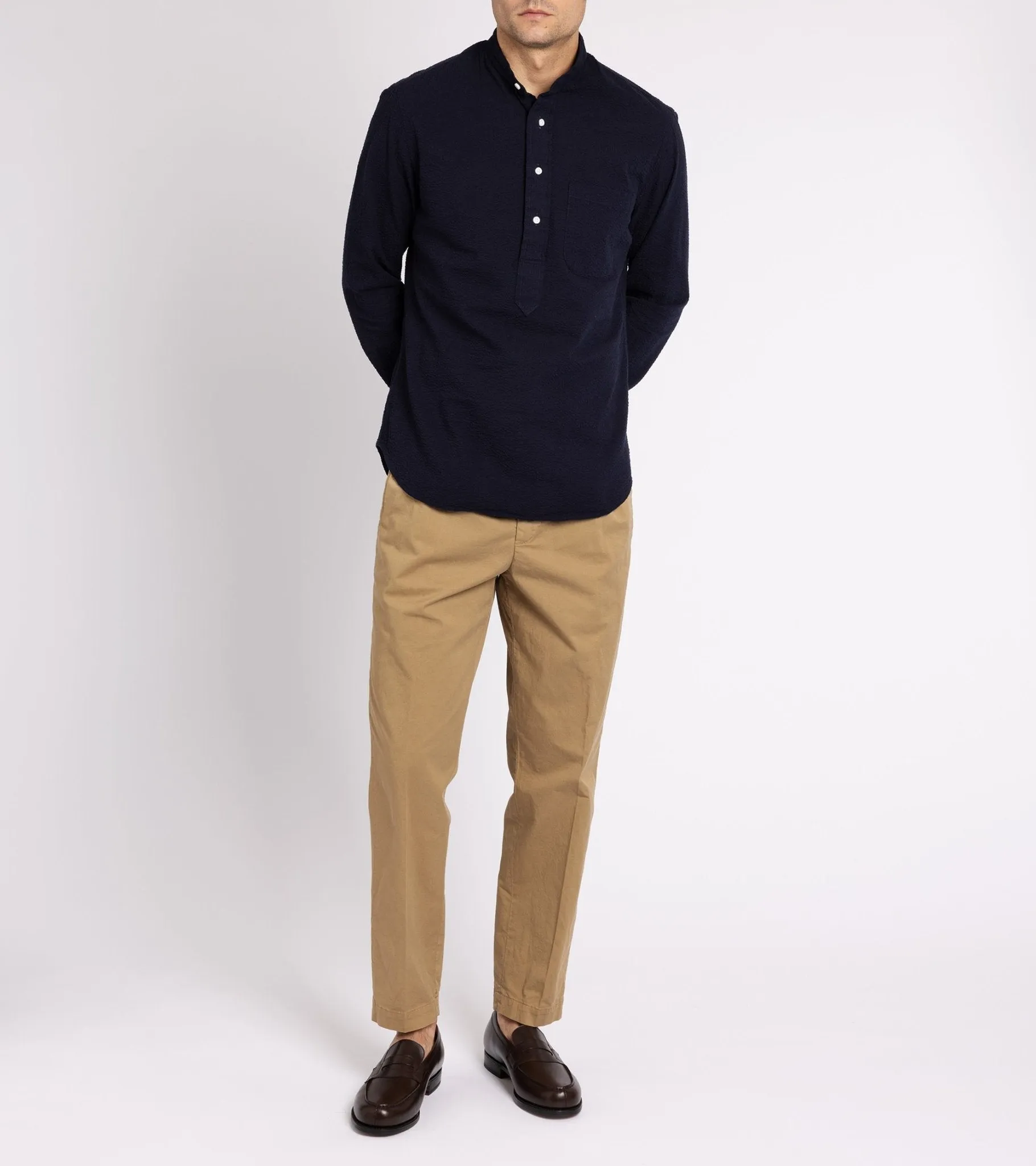 Gitman Vintage Cotton Seersucker Band Collar Popover Shirt: Navy