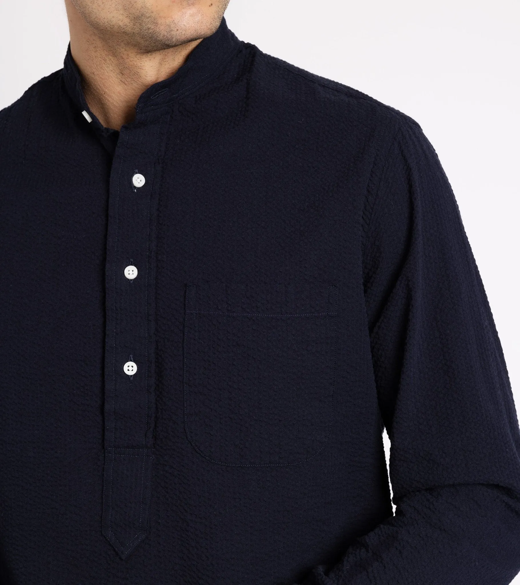 Gitman Vintage Cotton Seersucker Band Collar Popover Shirt: Navy