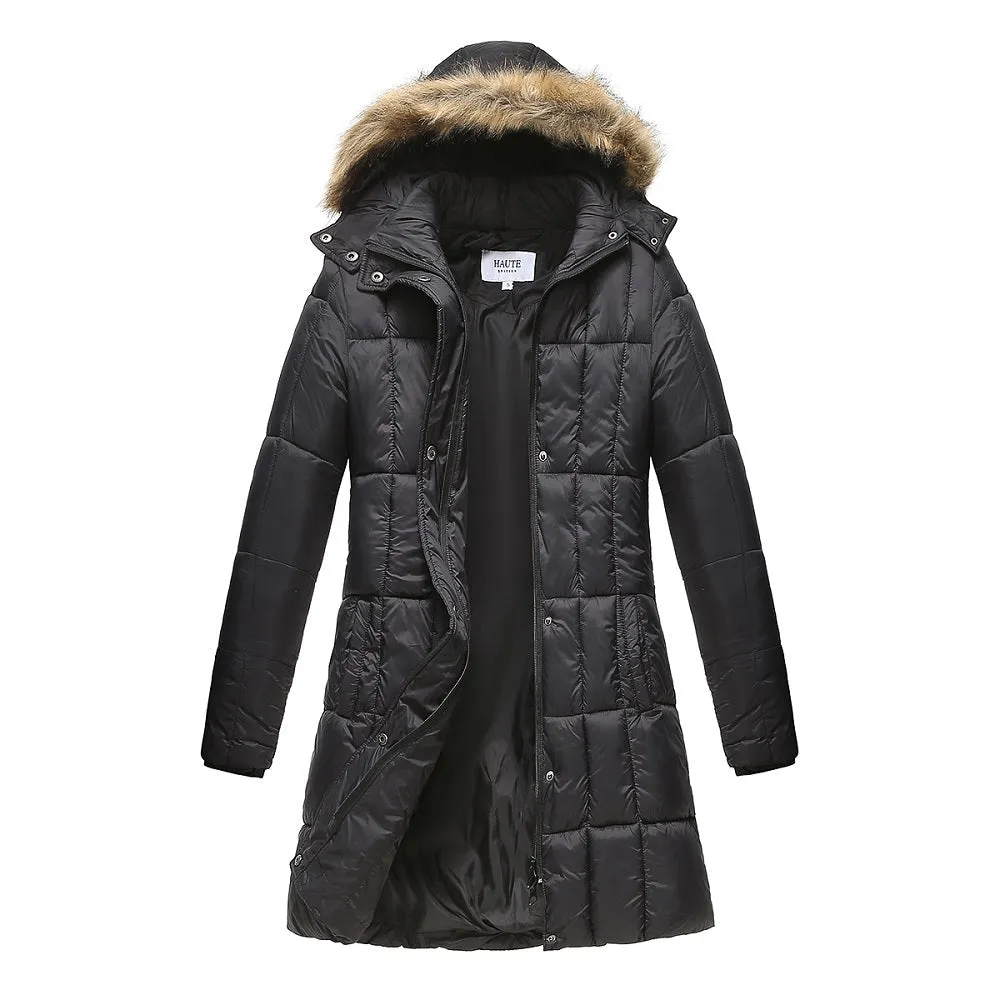 Haute Edition Women's Mid-Length Puffer Parka Coat with Faux Fur-lined Hood