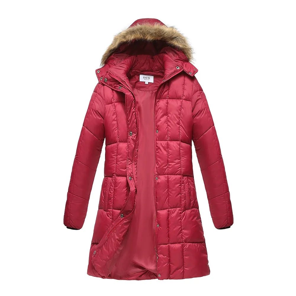 Haute Edition Women's Mid-Length Puffer Parka Coat with Faux Fur-lined Hood