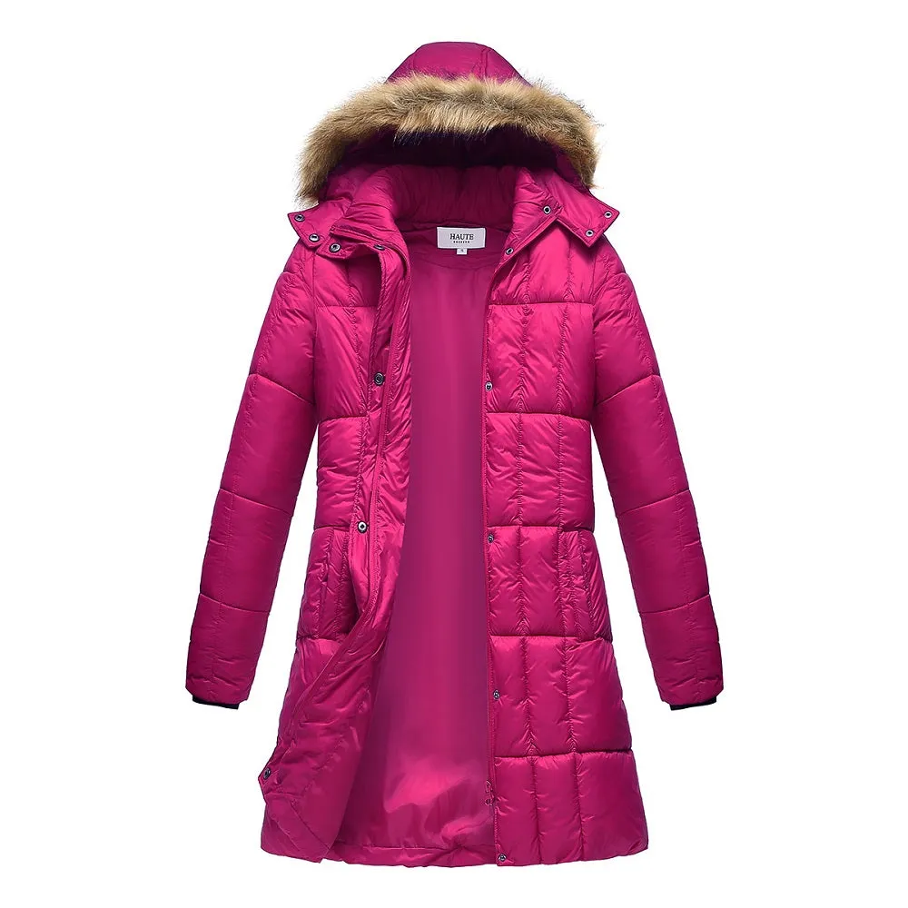 Haute Edition Women's Mid-Length Puffer Parka Coat with Faux Fur-lined Hood