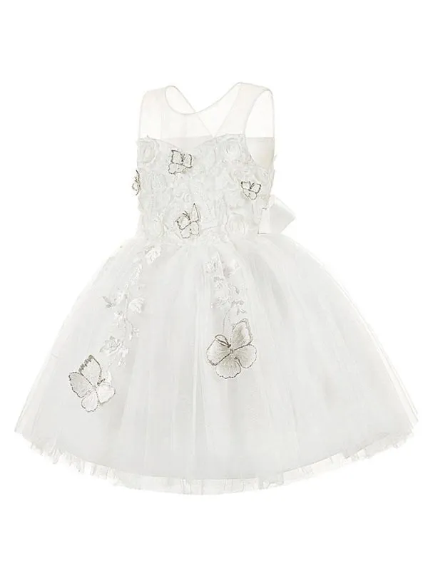 Jewel Neck Sleeveless Bows Kid Party Dresses Butterfly Pattern Flower Girl Dresses