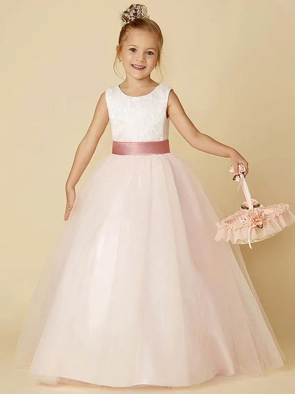 Jewel Neck Sleeveless Flower Girl Dresses Formal Ivory Tulle Pageant Dresses