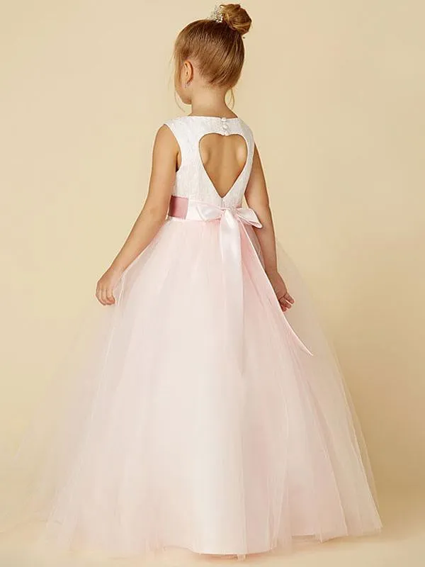 Jewel Neck Sleeveless Flower Girl Dresses Formal Ivory Tulle Pageant Dresses