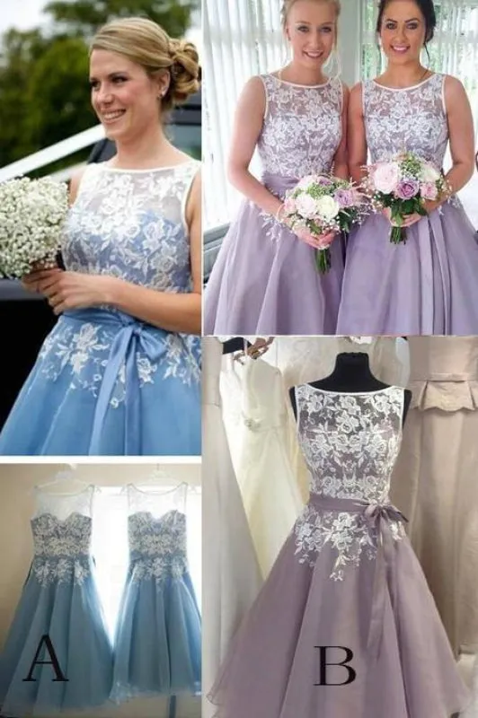 Lilac Lace Appliqued Sleeveless Short Bridesmaid Dress