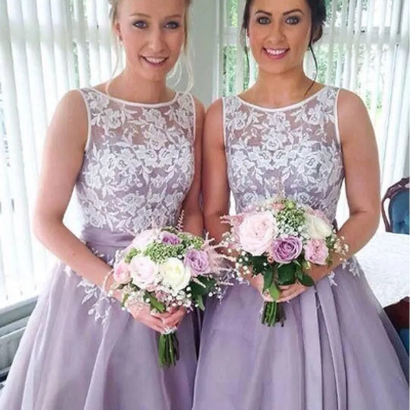 Lilac Lace Appliqued Sleeveless Short Bridesmaid Dress