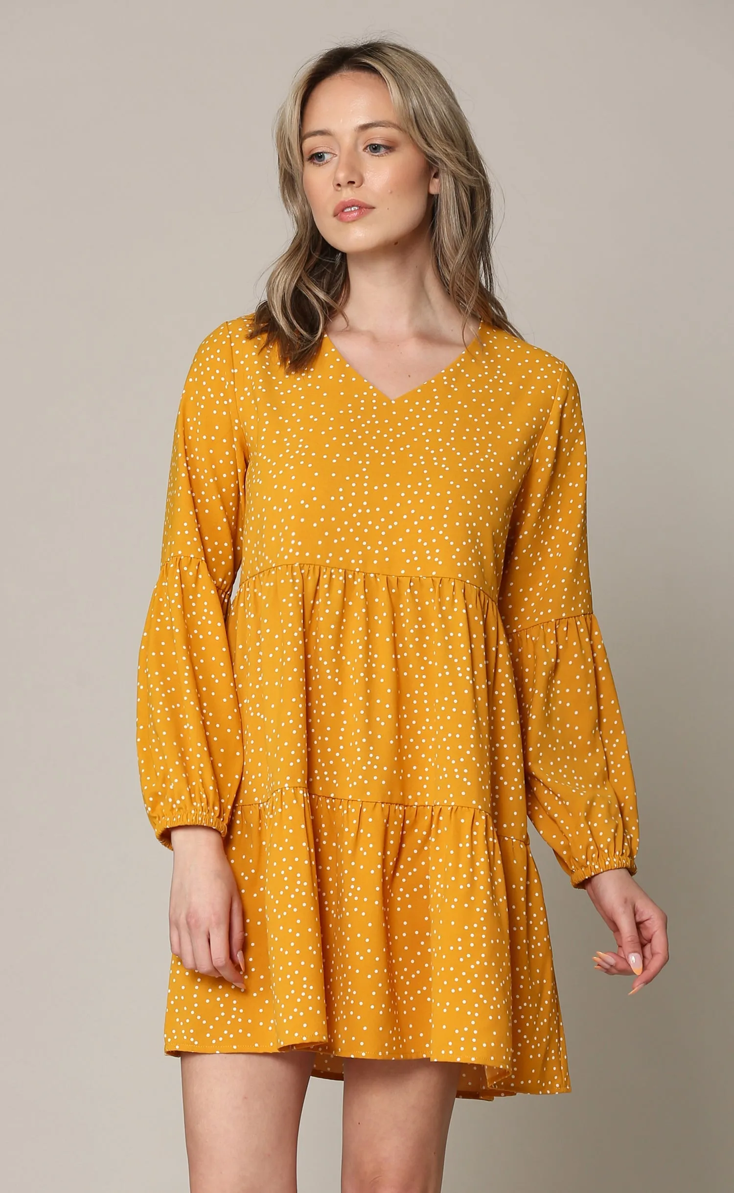 Made By Johnny Casual Flowy Swing Shift Long Sleeve Tiered Dress