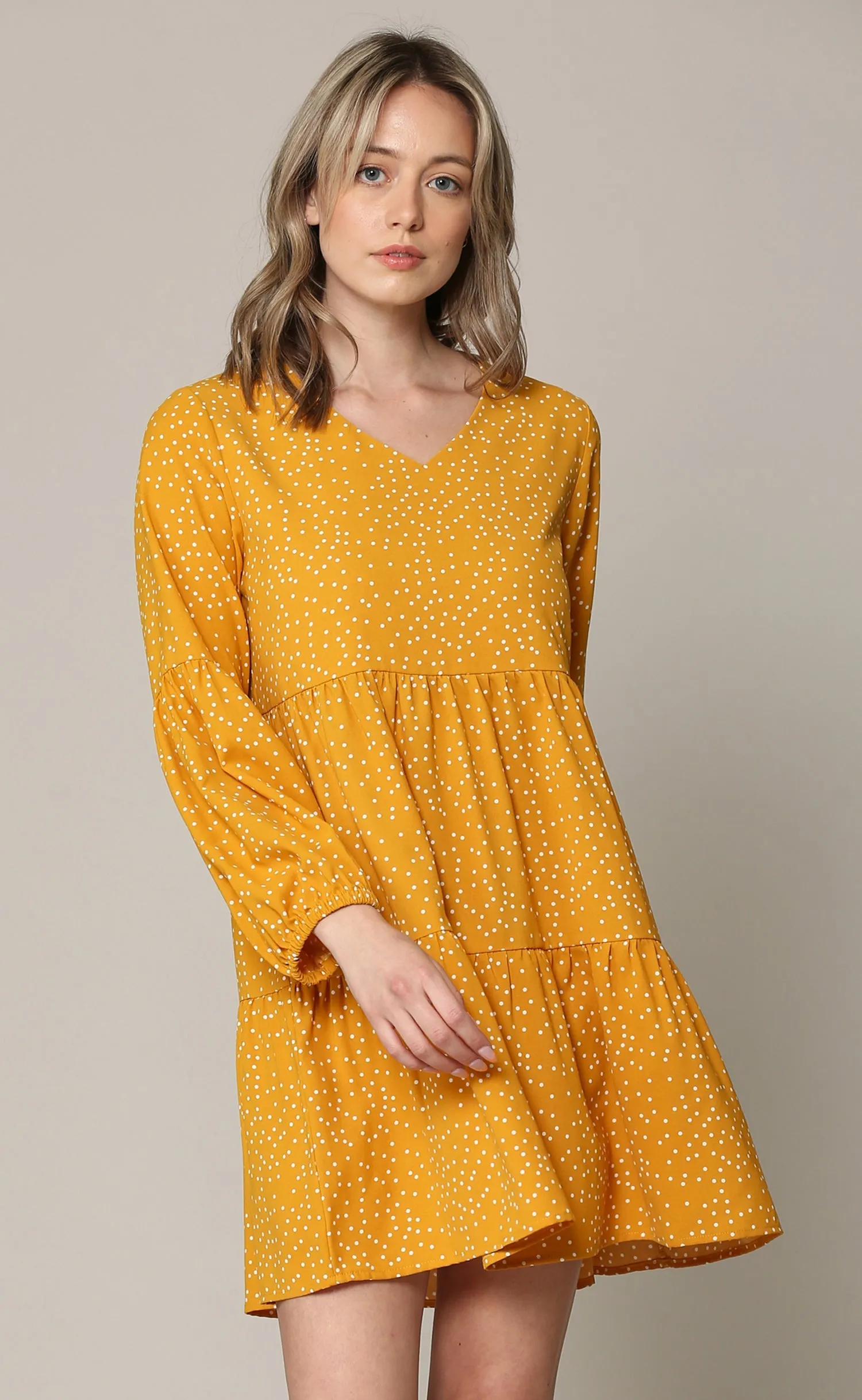 Made By Johnny Casual Flowy Swing Shift Long Sleeve Tiered Dress