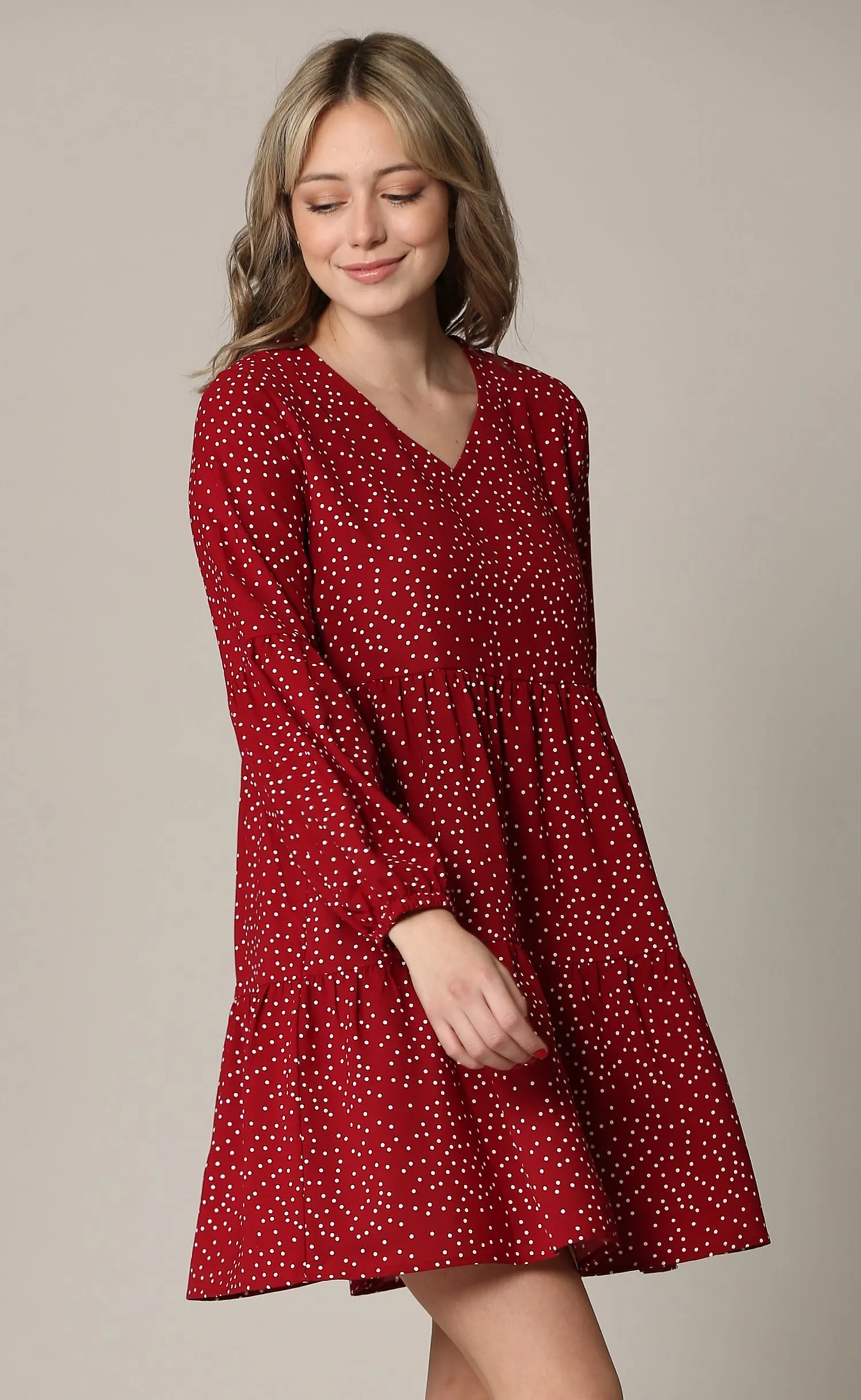 Made By Johnny Casual Flowy Swing Shift Long Sleeve Tiered Dress