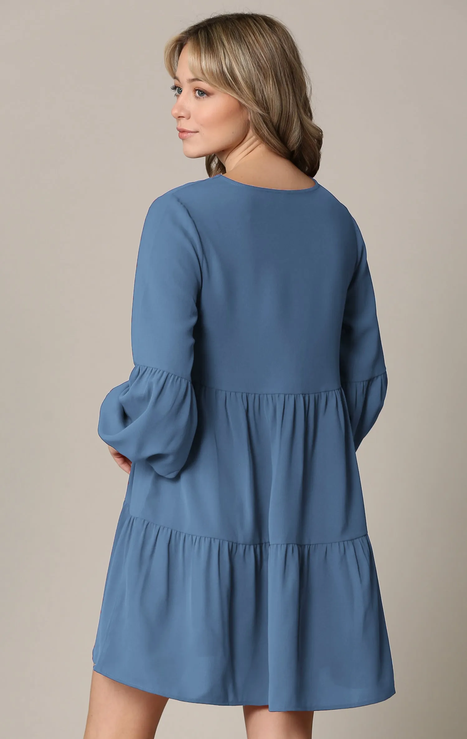 Made By Johnny Casual Flowy Swing Shift Long Sleeve Tiered Dress